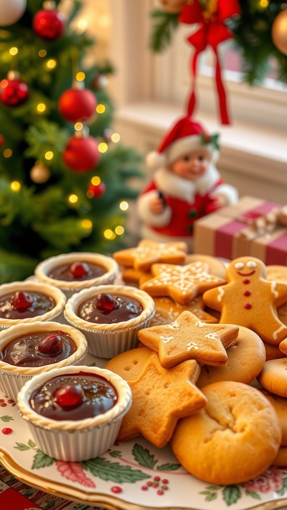 Festive Christmas Baking Ideas for the UK A festive assortment of Christmas baked treats including mince pies, gingerbread cookies, and shortbread on a decorative platter.
